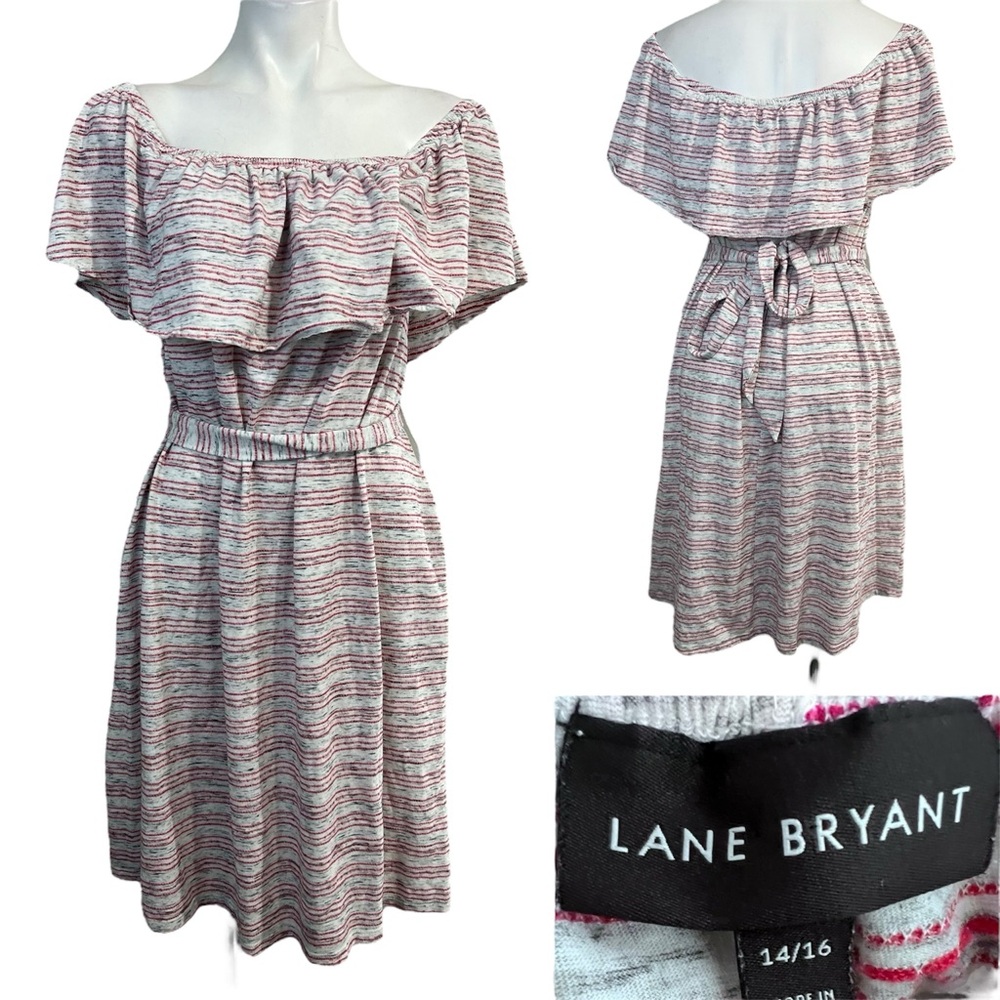 Lane Bryant dress plus size 14/16 pink gray striped cotton blend off-shoulder